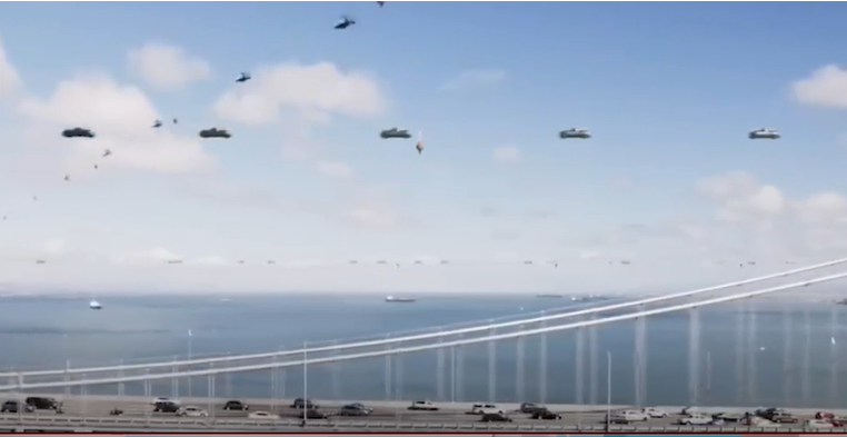 Flying cars in traffic on bridge.