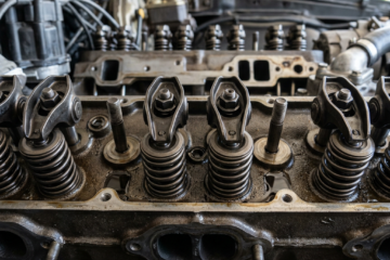 Engine valve springs and rocker arms in a car engine cylinder head