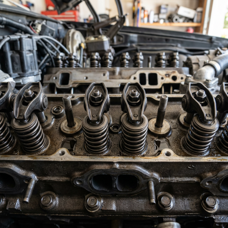 Engine valve springs and rocker arms in a car engine cylinder head